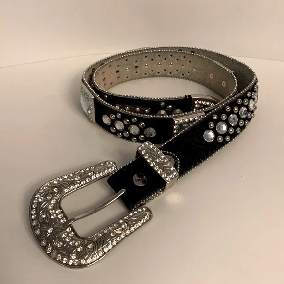 Women’s Western BHW Bling Black and White Rhinestone Belt. Rhinestone Western Cowgirl Bling Studded Black White Belt  main image 4